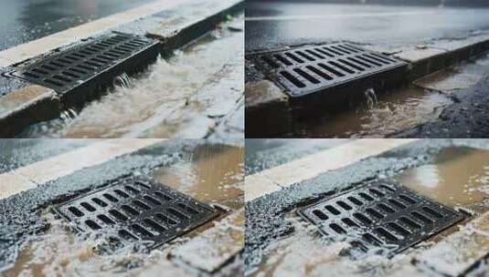 雨天道路排水口排水画面高清在线视频素材下载