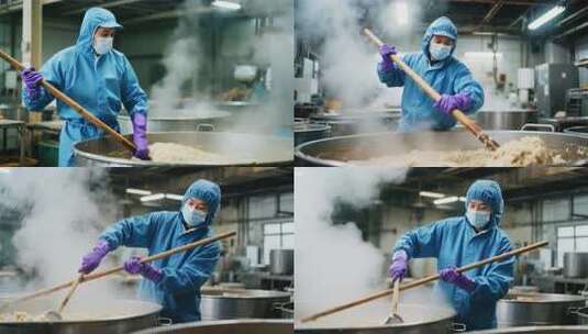 工人穿防护服搅拌食材高清在线视频素材下载
