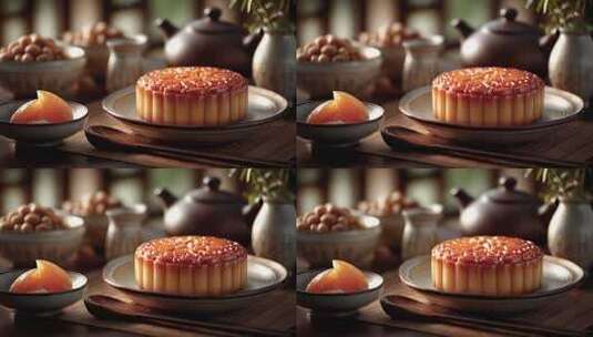 精致月饼与茶具共度中秋佳节高清在线视频素材下载