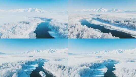 冬日雪山河流森林全景高清在线视频素材下载