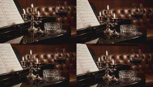 钢琴上的红酒与烛光高清在线视频素材下载
