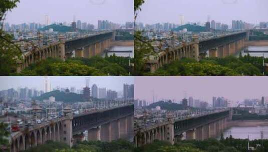武汉长江大桥车流黄鹤楼背景 组镜高清在线视频素材下载