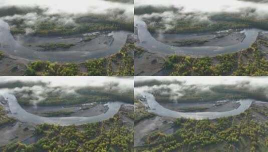 航拍深秋森林河流晨雾高清在线视频素材下载