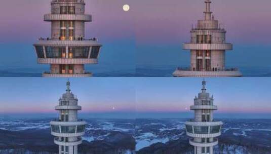 东北寒冷冬天月亮下的灯塔1高清在线视频素材下载
