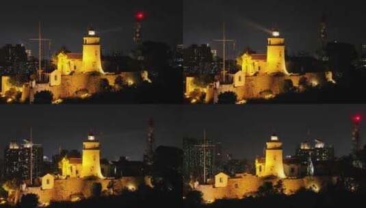 澳门东望洋灯塔夜景航拍高清在线视频素材下载
