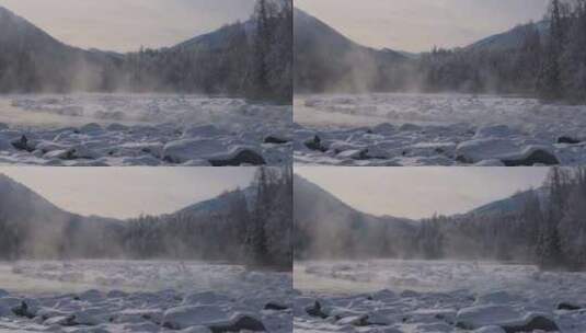 冬天清晨新疆喀纳斯河上雾气升腾高清在线视频素材下载