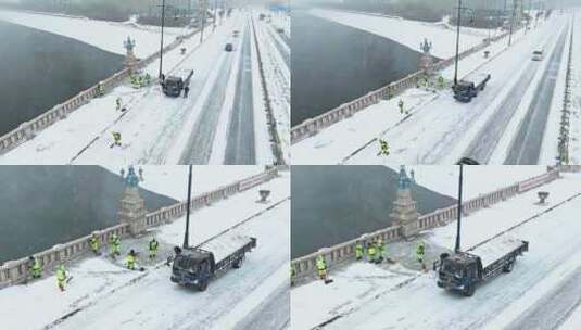 雪天大桥上除雪环卫工人高清在线视频素材下载