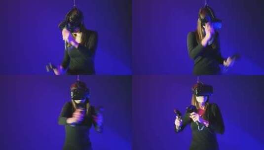 戴着互动虚拟现实头盔的女孩跳舞高清在线视频素材下载