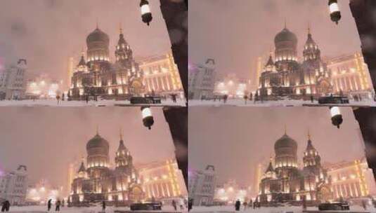 哈尔滨索菲亚教堂雪后轨道高清在线视频素材下载