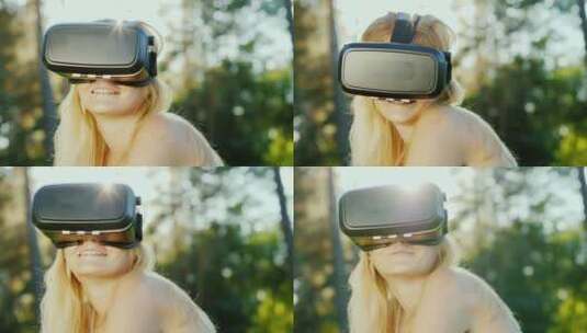 森林中佩戴VR眼镜的女性特写高清在线视频素材下载