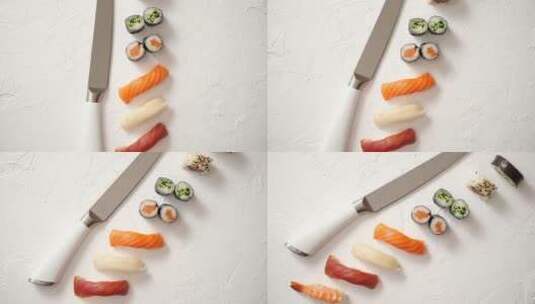 石板上刀和日本寿司卷高清在线视频素材下载