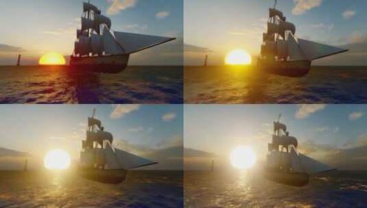 4k 大海上帆船朝着夕阳和灯塔前进高清在线视频素材下载