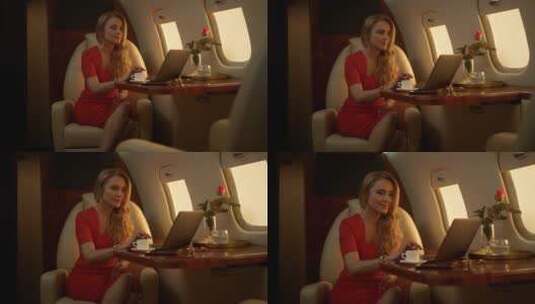 私人飞机上工作的女性高清在线视频素材下载