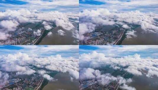 武汉城市蓝天白云穿云俯视江城长江航拍延时高清在线视频素材下载