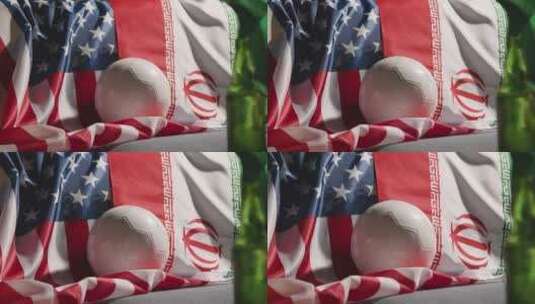 沙发上的伊朗和美国国旗和足球高清在线视频素材下载