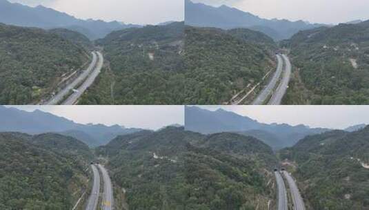 森林高速公路隧道航拍山峰隧道山脉森林道路高清在线视频素材下载