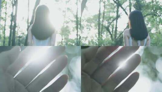 女孩在森林中感受阳光4k视频素材高清在线视频素材下载
