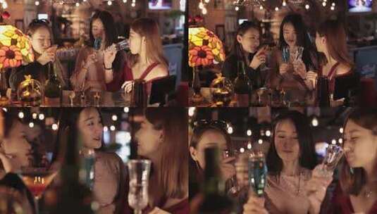 酒吧 女孩 闺蜜 喝酒 碰杯 聊天 开心高清在线视频素材下载