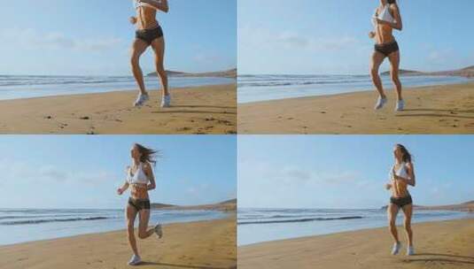 穿着运动服女人海滩上奔跑高清在线视频素材下载