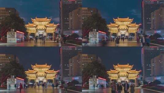 云南昆明市标金马碧鸡坊夜景延时摄影高清在线视频素材下载