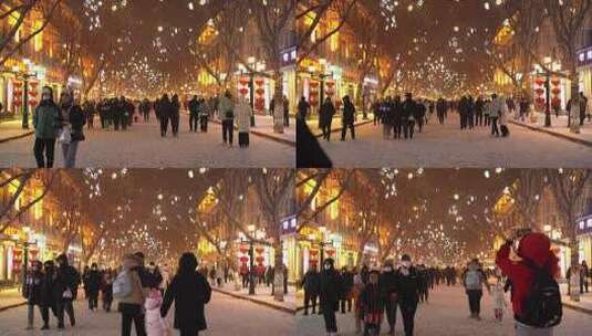 中国哈尔滨中央大街下雪固定镜头高清在线视频素材下载