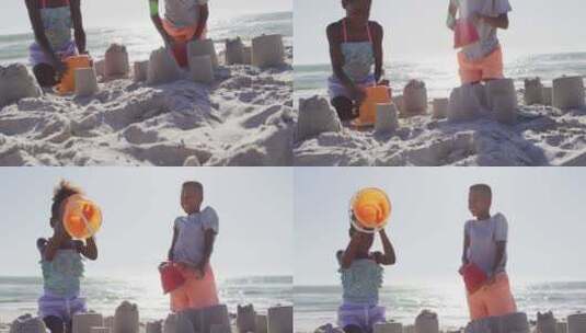 快乐的非裔美国孩子在海滩上玩沙子的视频高清在线视频素材下载