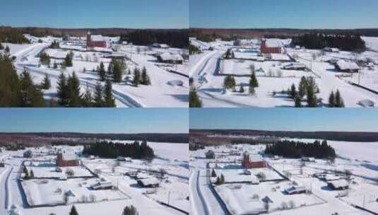 积雪覆盖的山谷中农村社区的鸟瞰图。剪辑。高清在线视频素材下载
