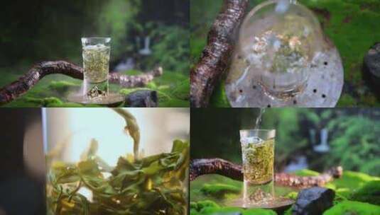 森林背景茶叶冲泡绿茶冲泡高清在线视频素材下载
