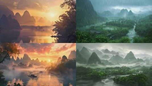 桂林山水 夕阳 下雨高清在线视频素材下载