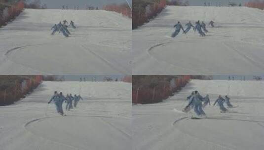 云顶滑雪场滑雪教练编队滑行高清在线视频素材下载