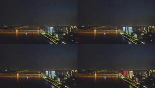 中国湖北省武汉市汉阳区汉江晴川桥夜景航拍高清在线视频素材下载