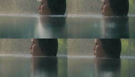雨滴，女人，头，游泳池高清在线视频素材下载