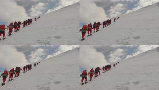 攀登冰川之父慕士塔格峰雪山的登山队队员高清在线视频素材下载