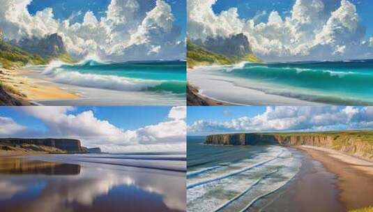 海岸线海浪拍打 沙滩美景蓝天白云海天一色高清在线视频素材下载