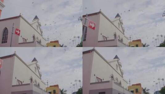 清真寺上空的飞鸟高清在线视频素材下载