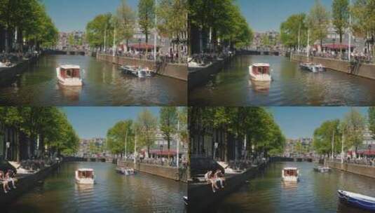 船只在阿姆斯特丹运河行驶高清在线视频素材下载