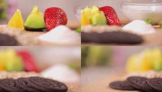 【镜头合集】制作甜品原料酸奶水果燕麦高清在线视频素材下载