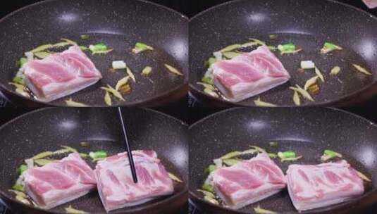 4K烹饪新鲜猪肉红烧肉东坡肉油锅高清在线视频素材下载