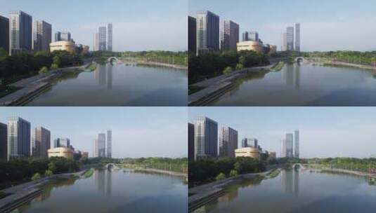 航拍杭州滨江城区湖边低碳科技博物馆高清在线视频素材下载