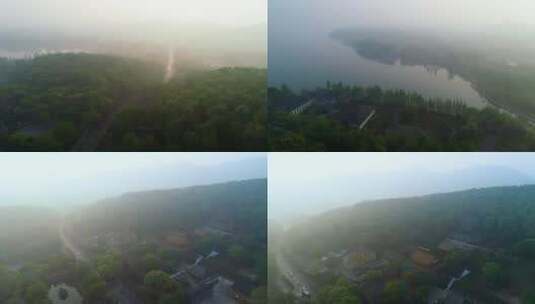 杭州西湖净慈寺早上雾景航拍高清在线视频素材下载