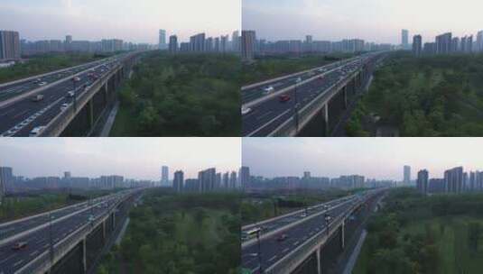 傍晚近距离跟进航拍杭州傍晚城市高架桥高清在线视频素材下载