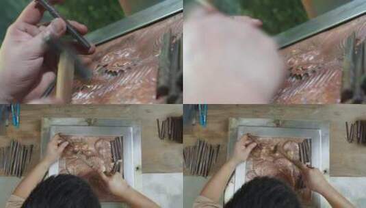 手工艺视频手工匠人锻铜雕刻麒麟图案高清在线视频素材下载