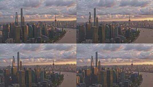 上海航拍4K陆家嘴金融城日落顺光高清在线视频素材下载