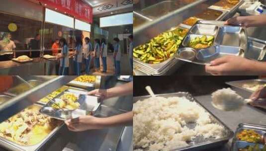 一群中学生学校食堂排队打饭吃午饭高清在线视频素材下载
