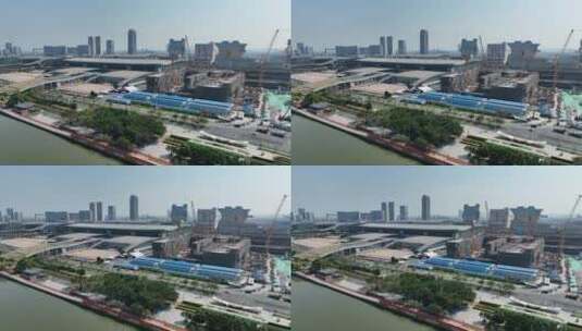 航拍广州琶洲会展建筑和工地高清在线视频素材下载
