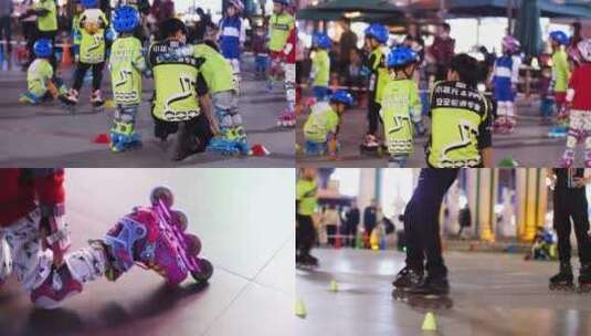 广场上少儿儿童轮滑训练练习4k视频素材高清在线视频素材下载