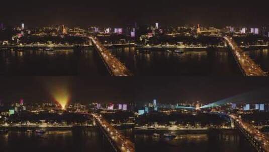 繁华的武汉长江大桥两岸夜景航拍高清在线视频素材下载