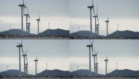 实拍清晨海边风力发电站 日出时刻海岛风车高清在线视频素材下载