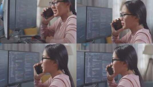 女程序员在创建软件工程师开发应用程序时在智能手机上说话的特写镜头高清在线视频素材下载