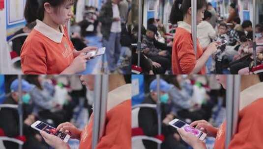 地铁玩手机刷抖音的女性高清在线视频素材下载